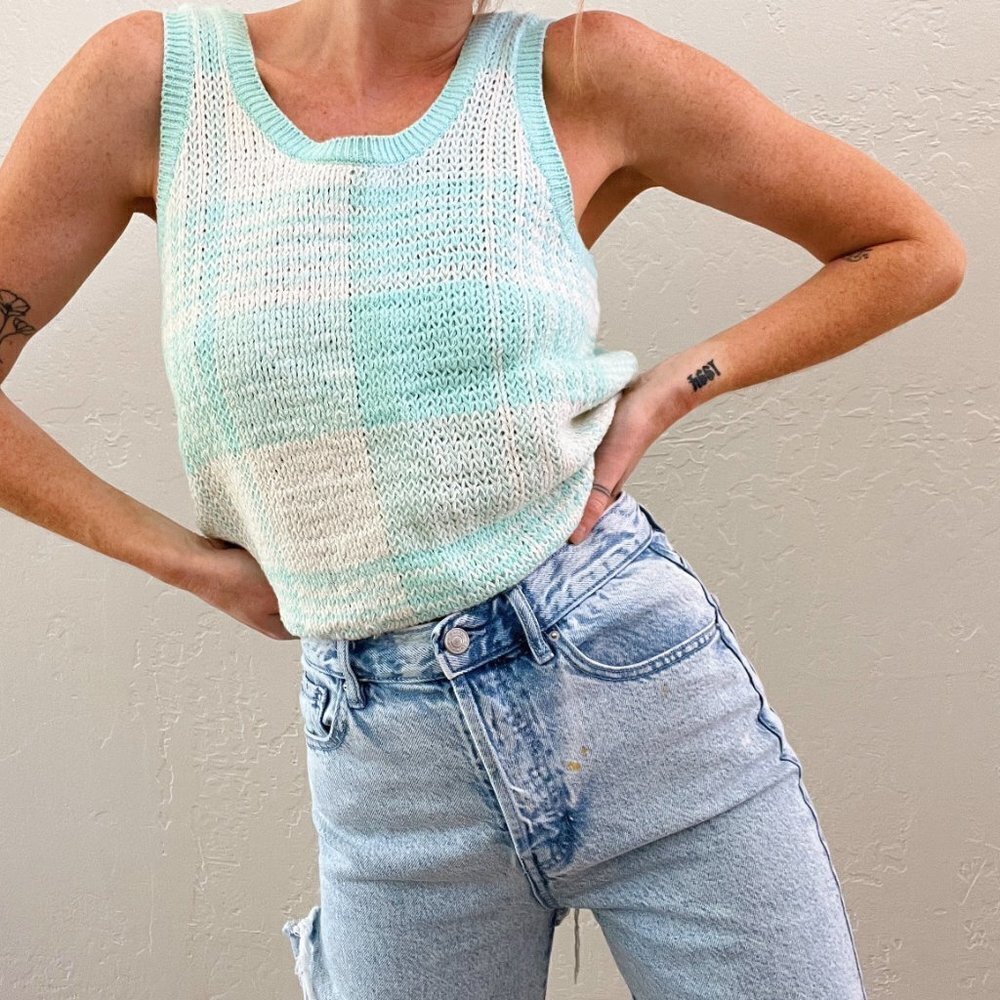 Vintage 1980's Turquoise Plaid Knit Sleeveless Sweater Vest